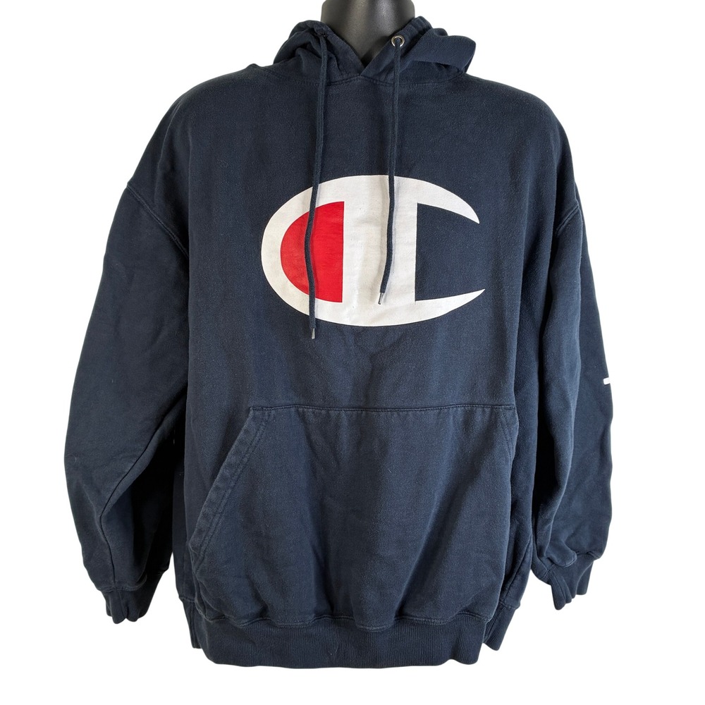 Champion Navy Blue Hoodie Sweatshirt‎ Big C Logo Authentic Athleticwear 2XL READ